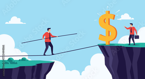 Two businessmen carefully walking a tightrope towards a large dollar sign.