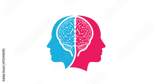 Two halves of a head with brains representing cognitive functions.