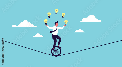 A businessman juggles ideas while balancing on a unicycle on a tightrope.