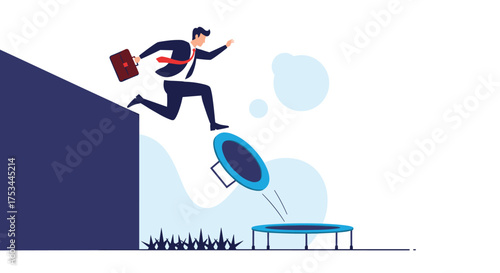 A businessman jumps from a high ledge onto a trampoline.