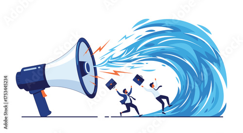 Megaphone broadcasting a massive wave that overwhelms people.