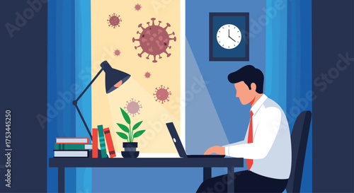 Man working at home during a global pandemic with virus outside.