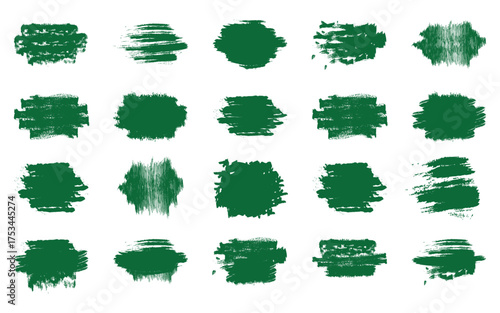 Collection of twenty green abstract grunge brush stroke splatters isolated on transparent background