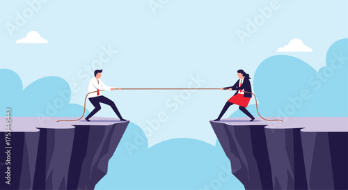 Two people in a tug of war across a chasm.