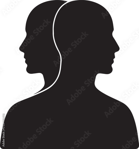 Symbolic silhouette of two heads back to back representing duality thoughts and perspectives