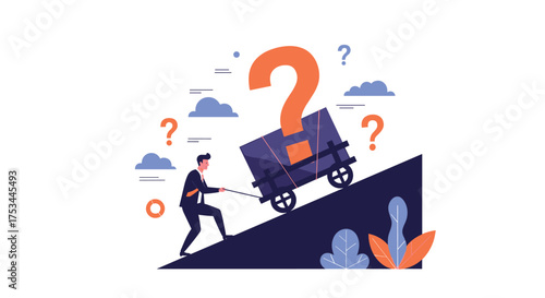 A person struggles to push a heavy cart up a steep hill with a question mark on it.