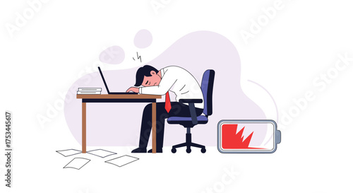 Overworked man with low battery icon on desk