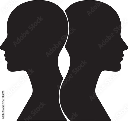 Silhouette profile heads facing opposite directions symbolizing duality thought partnership communication opposition