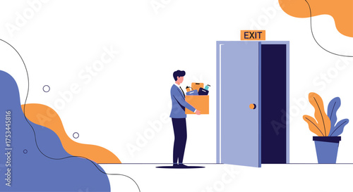 A man is leaving his office carrying a box of his belongings after being fired.