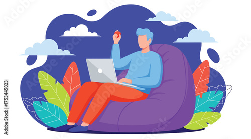 Vector art of a young man is sitting in a beanbag chair with a laptop and eating an apple, working from home, vector illustration in flat style