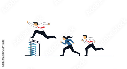Business people overcoming hurdles in a race to success.