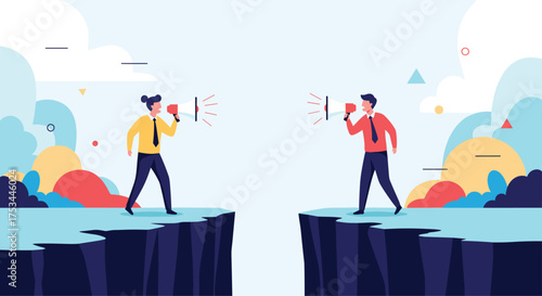 Two people on opposite cliffs communicate using megaphones.