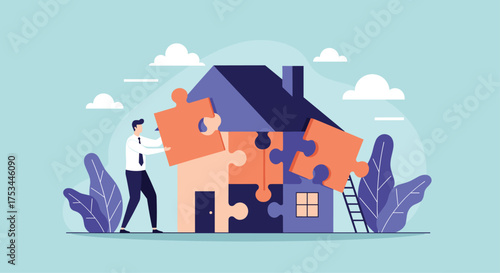 Building a house with puzzle pieces represents complex decisions about home ownership.