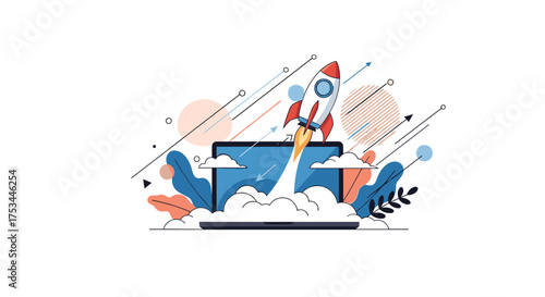 A rocket is launching from a laptop screen with colorful abstract shapes and lines around it.