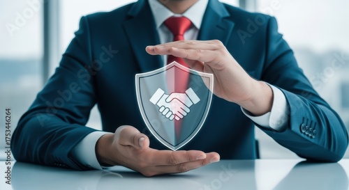 Business deal protection concept with handshake in shield