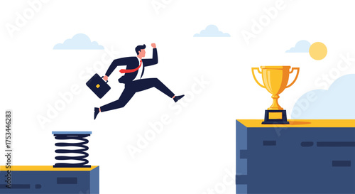 Businessman jumping over gap towards trophy.