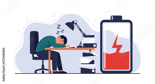 Young man exhausted at his desk with a low battery icon. 