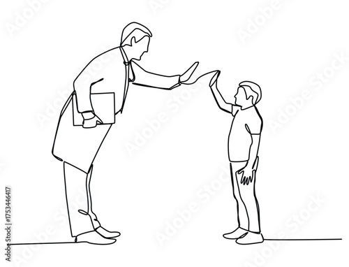Continuous one line art of doctor giving boy patient high five, medical healthcare concept, vector illustration.