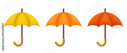 Umbrella set. Yellow, orange, and red umbrellas. Vector 3D illustration.