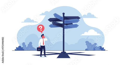 A man stands at a crossroads confused about which direction to take.