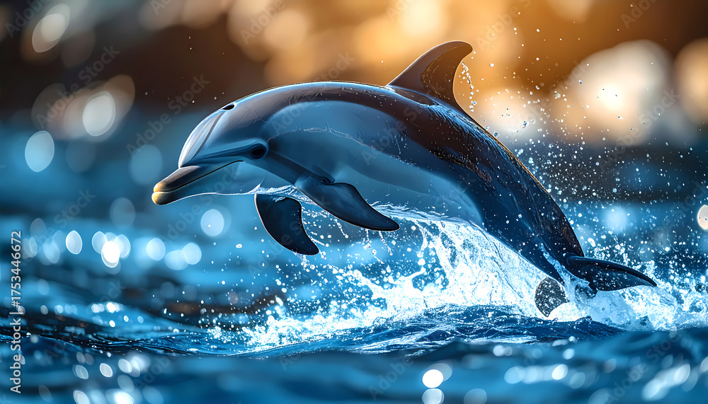 Fototapeta premium Dynamic Aquatic Dolphin Leaping with Splashing Water against Bokeh Background