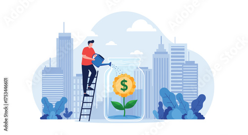 Person watering a plant growing from money in a jar symbolizing financial growth.