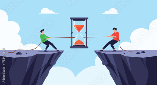 Two people pulling a rope across a chasm with an hourglass in the middle.