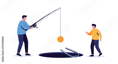 Man fishing for money a dangerous trap awaits.