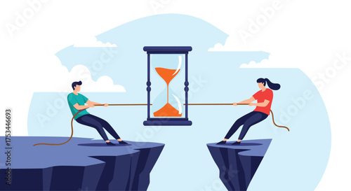 Two people pulling a rope with an hourglass in the middle on cliff edges.