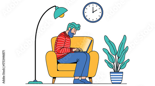 Vector art of a man is working on his laptop while sitting in a chair he is working from home in a comfortable environment with a plant and clock