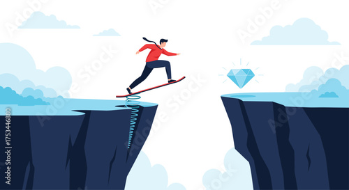 A determined businessman leaps across a wide chasm towards a sparkling diamond.