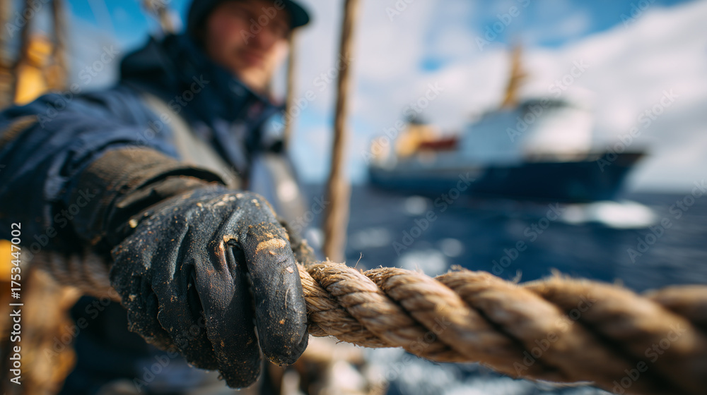 Obraz premium Close-up of weathered rope held by sturdy gloved hand, large research vessel faintly visible in background, calm sea reflecting sky, high-detail maritime textures and cinematic lig