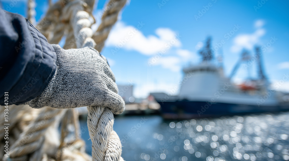 Fototapeta premium Close-up of nautical rope in gloved hand, docked research ship fading into soft background, clear blue sky, sparkling water, maritime industrial realism emphasized through lighting