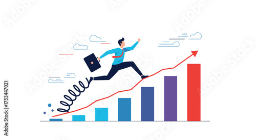 A businessman leaps over a spiral as he runs up a bar graph indicating success.