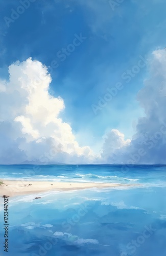 Summer seascape painting of serene ocean beach with sandy shore, calm blue water. Beautiful illustration of tropical coast under sunny sky with white clouds. Peaceful landscape art background for