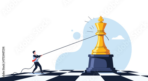 A person pulling a giant chess king piece with a rope on a chessboard.