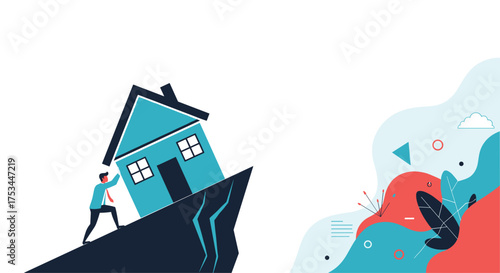 Person pushing a house up a steep hill on the edge of a cliff.