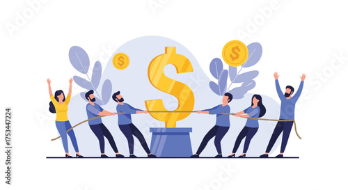 People in a tug of war over a large dollar sign.