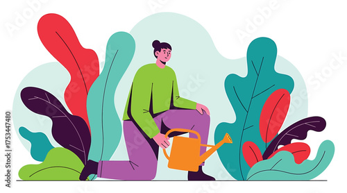 Vector art of a woman is watering plants with a watering can she is gardening in a comfortable environment surrounded by colorful plants