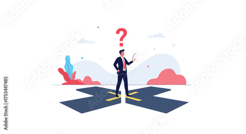 A person stands at a crossroads trying to decide which path to take.
