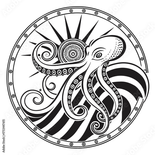 Intricate monochromatic illustration of a colossal kraken with detailed tentacles and a powerful presence perfect for fantasy and nautical themes
