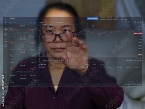 Bilde på lerret This image depicts a person viewing and interacting with a digital financial tra