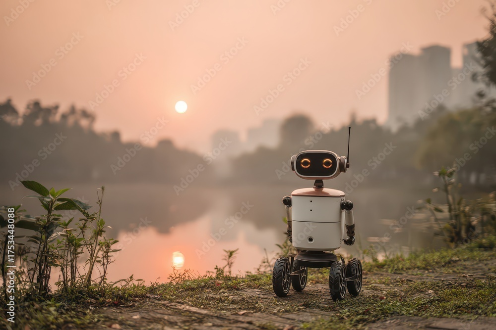 Fototapeta premium Robot by misty lake at sunrise, merging technology with tranquil nature.
