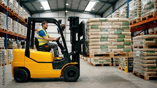 Warehouse Forklift Operator Transporting Bags on Pallet in Storage