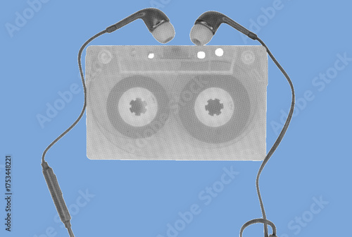 close up of cassette tape with earphone pixelate grayscale color halftone dotted texture style collage element isolated on blue background