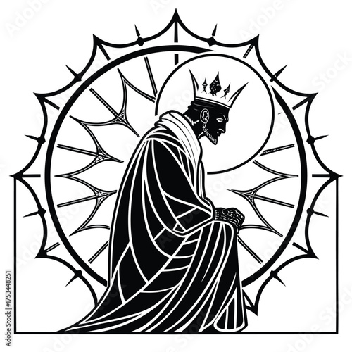 Dark enigmatic shadow monarch rising powerful regal figure fantasy illustration for banners and advertisements dramatic atmosphere royal character design