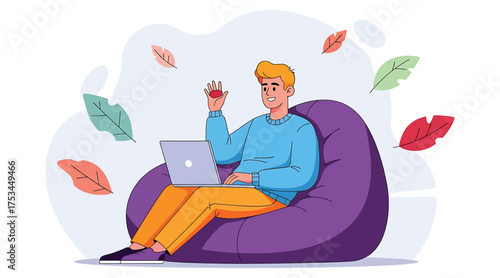 Vector art of a man sits on a beanbag chair, working on a laptop, surrounded by leaves, he is working remotely and enjoying a snack