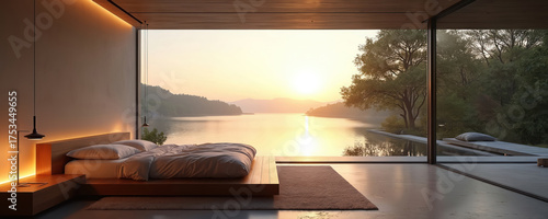 Modern bedroom with panoramic window overlooking calm lake at sunrise. Luxury house interior minimalist design for tranquil relaxation. Peaceful hotel room provides scenic nature view for quiet
