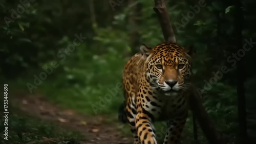 Jaguar walking through lush jungle path, vibrant greenery