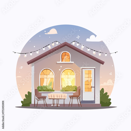 Gemütliches Café mit Lichterkette im Abendlicht
